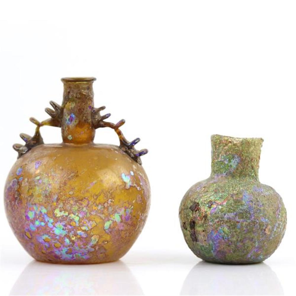 Appraisal: TWO OPALIZED IRIDESCENT ROMAN GLASS VESSELS BOTTLE WITH PINCHED DECORATIVE