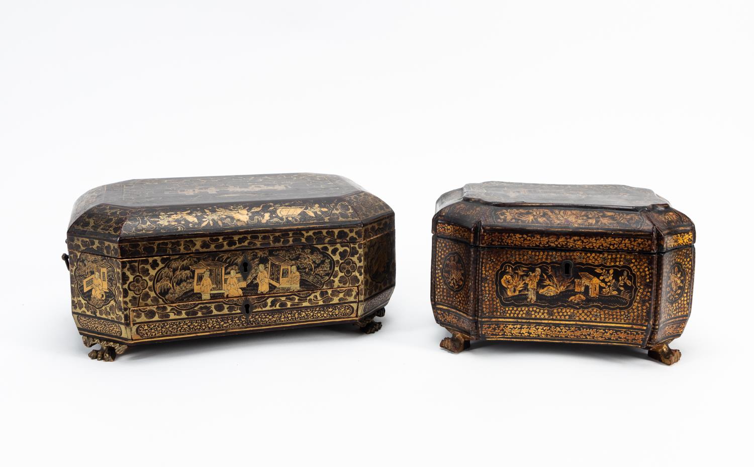 Appraisal: TWO TH C CHINA TRADE BLACK LACQUERED BOXES Chinese th