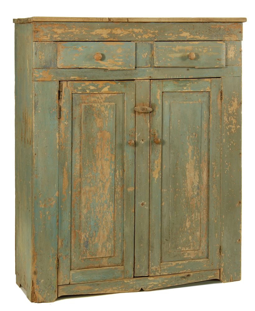 Appraisal: ANTIQUE AMERICAN COUNTRY CUPBOARD Circa In butternut with old bluish-green