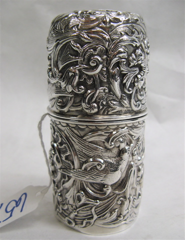 Appraisal: LONDON STERLING SILVER MUFFINEER with all-over repousse floral and bird