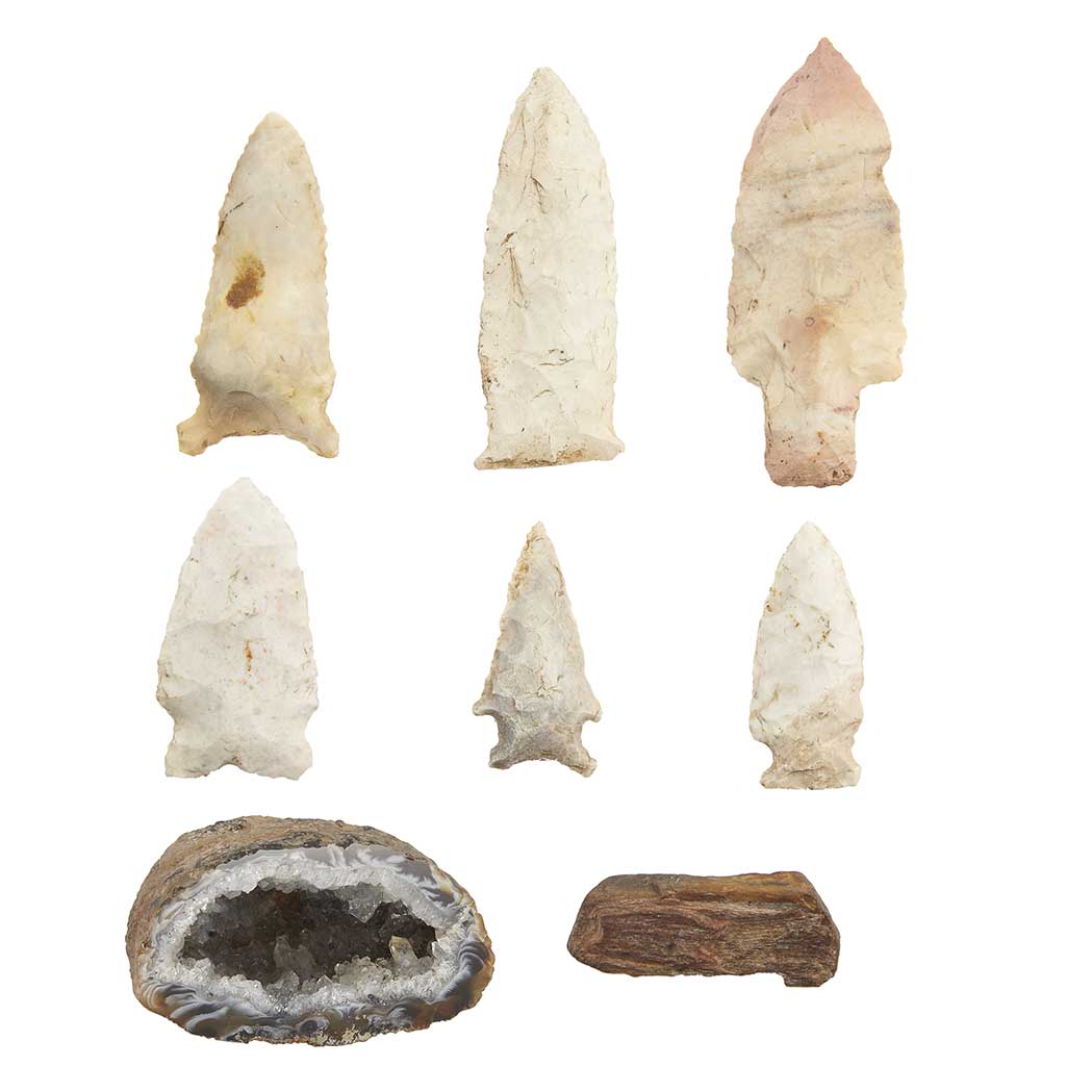 Appraisal: Group of Seven Indian Artifacts Comprising blades and arrowheads Approximately