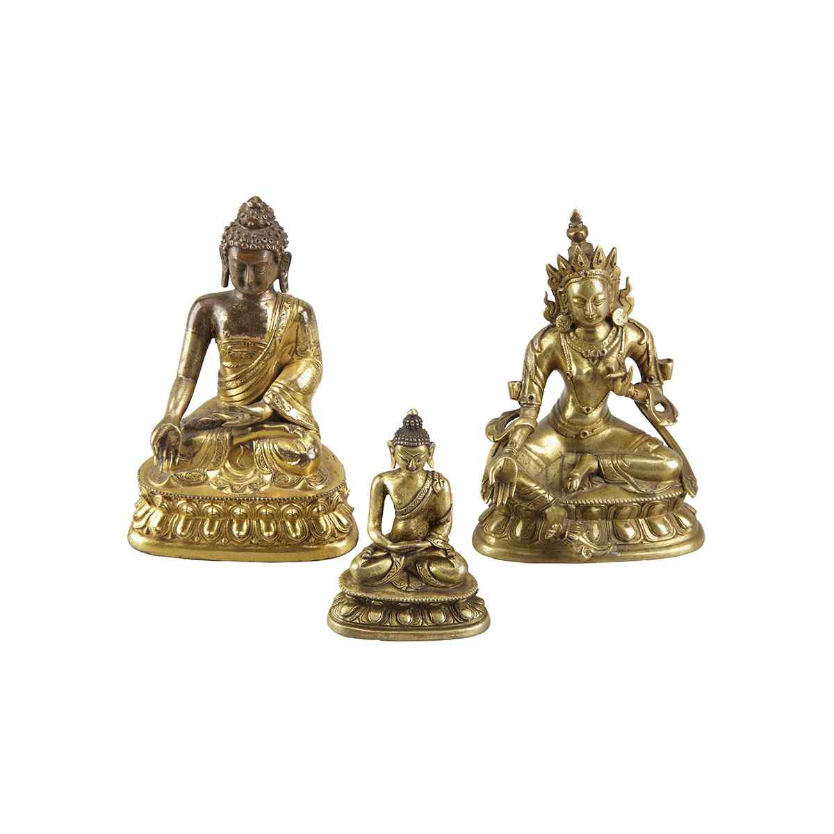 Appraisal: Three Gilt Bronze Seated Buddhas th th Century The smallest