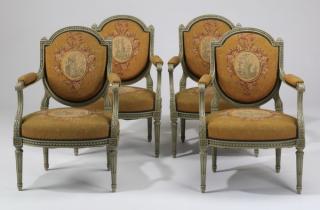 Appraisal: French armchairs in needlepoint Early th century French Louis XVI