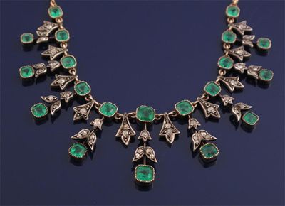 Appraisal: An emerald and diamond fringed necklace Set with square shaped