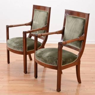 Appraisal: Pair Consulat carved mahogany fauteuils th c gray green velvet