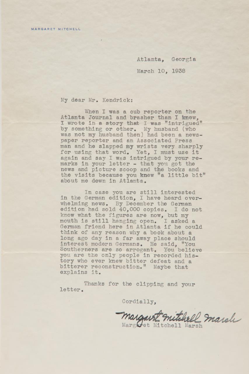 Appraisal: MARGARET MITCHELL SIGNED LETTER GERMANY VS SOUTH Letter dated March