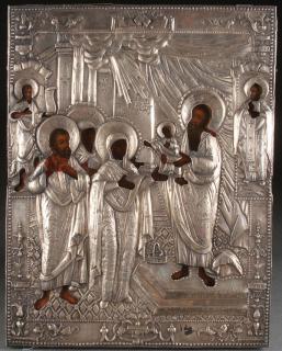 Appraisal: RUSSIAN ICON WITH SILVER OKLAD A RUSSIAN ICON OF THE