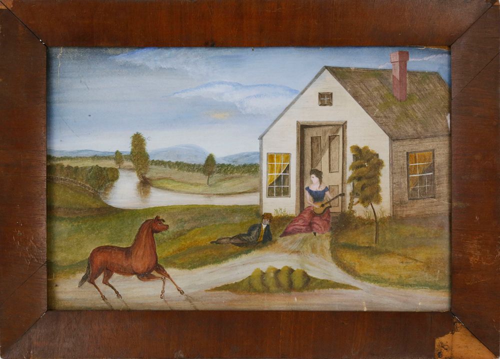 Appraisal: Folk Art Landscape Mixed Media on Paper Horse Serenade Folk