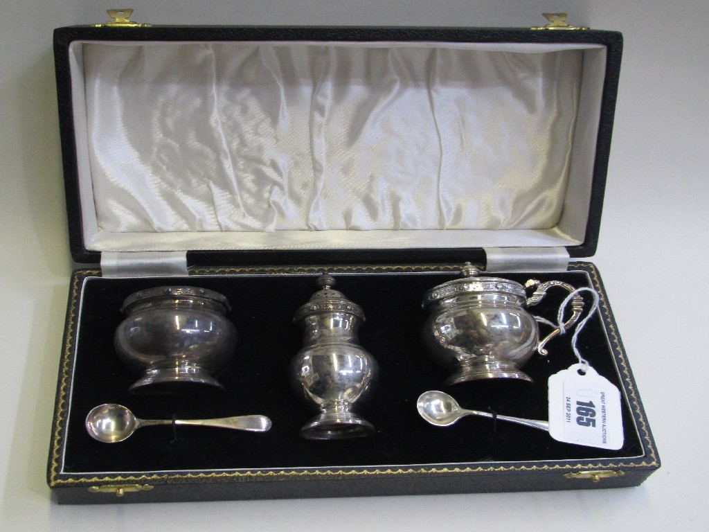 Appraisal: Cased three piece silver condiment set with Celtic decoration Birmingham