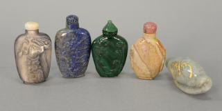 Appraisal: Five Chinese hardstone snuff bottles including malachite dragon snuff bottle