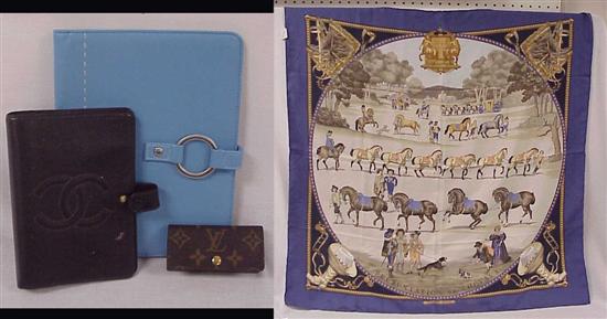 Appraisal: Hermes scarf with royal blue border titled ''Presentation des Chevaux