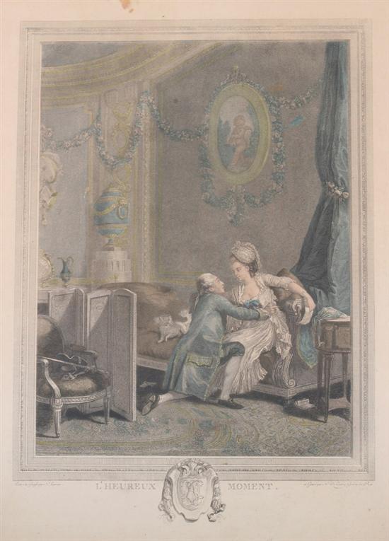 Appraisal: THREE FRENCH HAND COLORED ENGRAVINGS L'Heureux Moment L' v nement