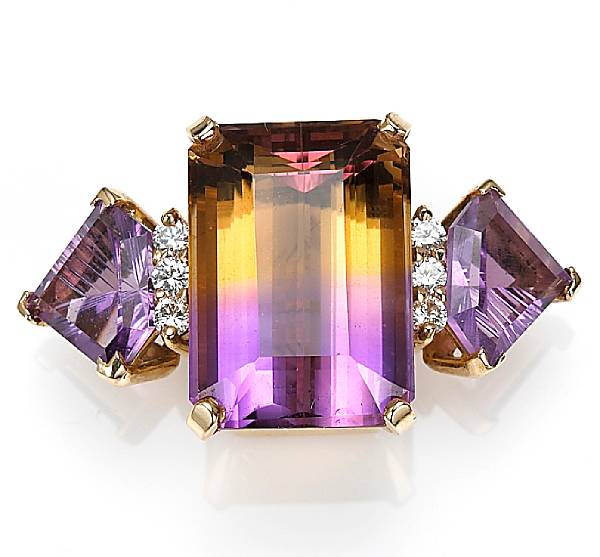 Appraisal: An ametrine quartz amethyst and diamond pendant centering a rectangular