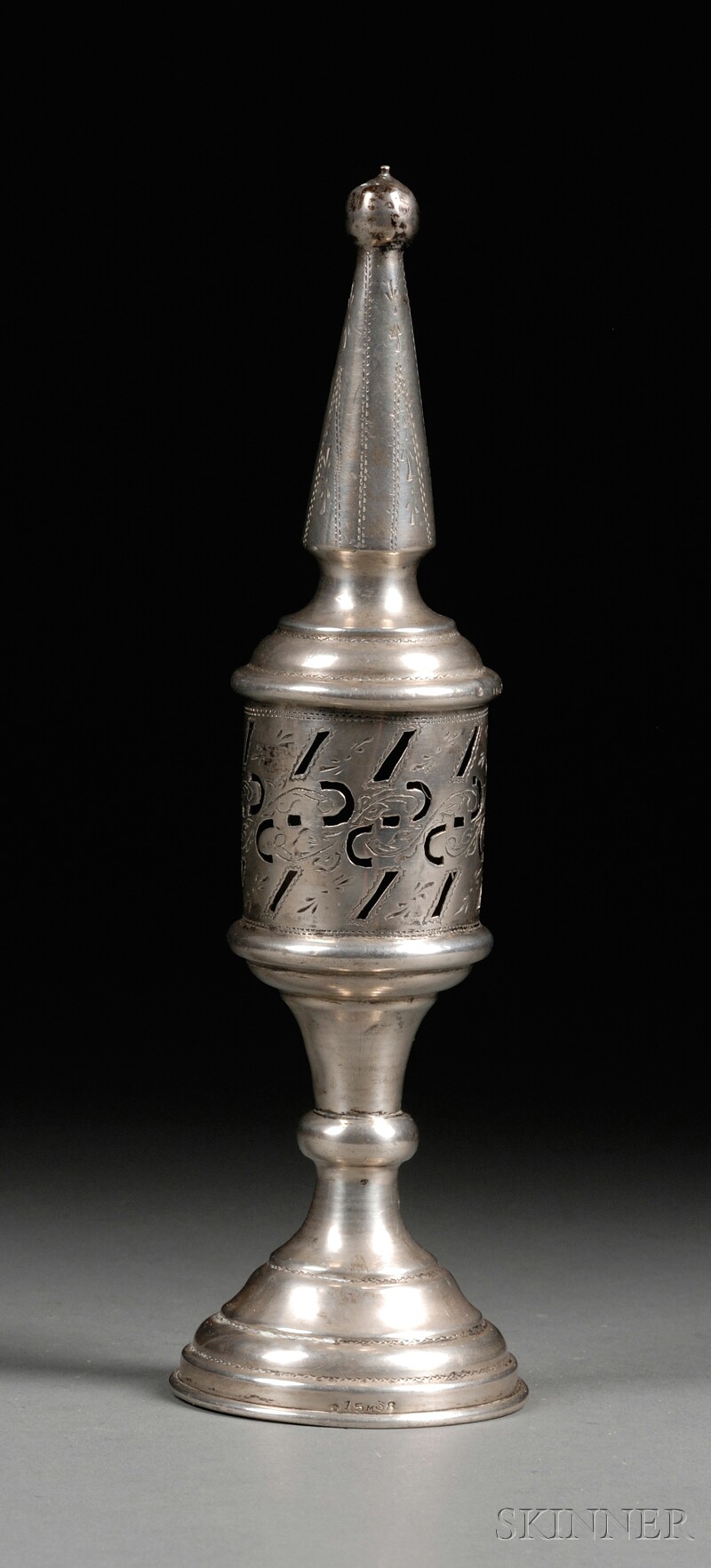 Appraisal: Romanian Silver Tower-form Besamim Box Spice Container turret with ball