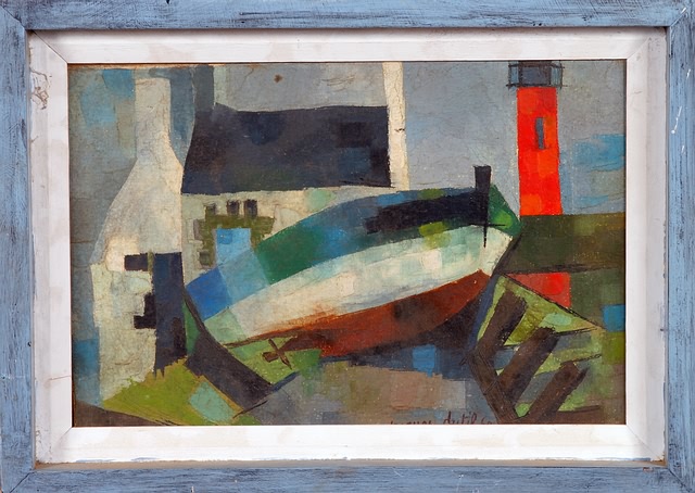 Appraisal: Modernist composition with boat and lighthouse oil on canvas x