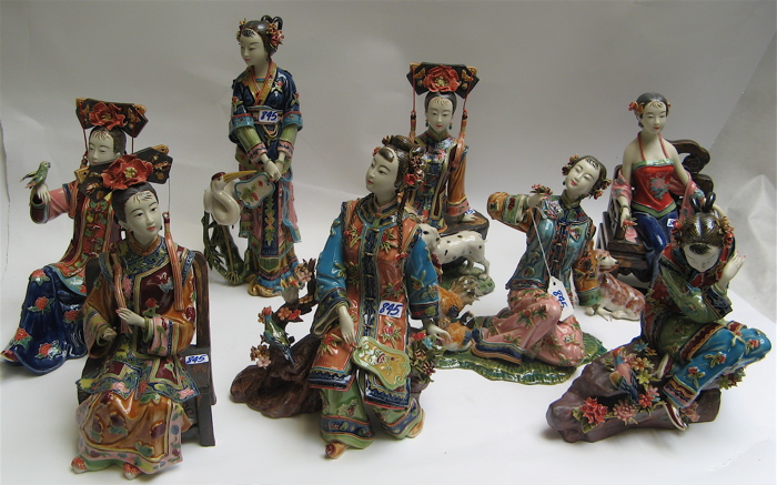 Appraisal: EIGHT HAND ENAMELED POTTERY BEAUTIFUL WOMEN each elaborately dressed in