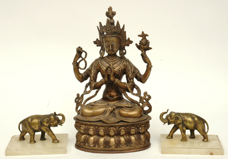 Appraisal: THREE BRASS FIGURES INCLUDING ELEPHANTS A FIGURE OF TARA AND