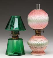 Appraisal: TWO MINI LAMPS S - Emerald green glass with embossed