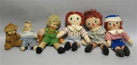 Appraisal: GROUP OF SIX DOLLS Including two Raggedy Andy Dolls by