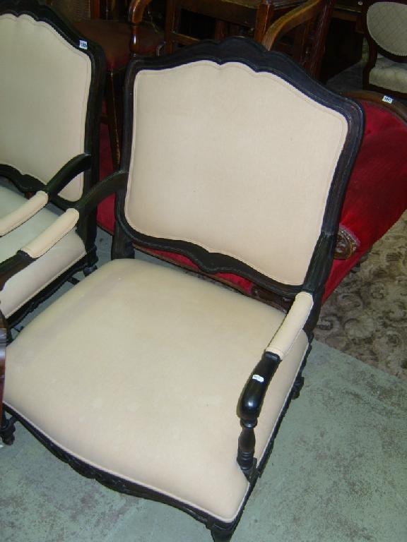 Appraisal: A pair of substantial open framed drawing room chairs with