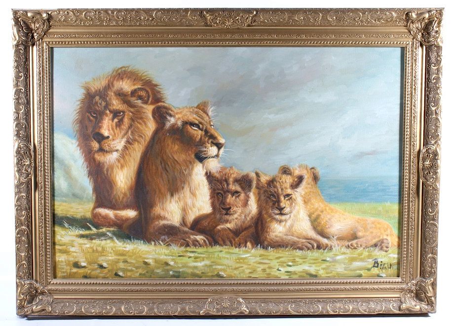 Appraisal: Original Lion Family Painting Signed By Biau Included in this