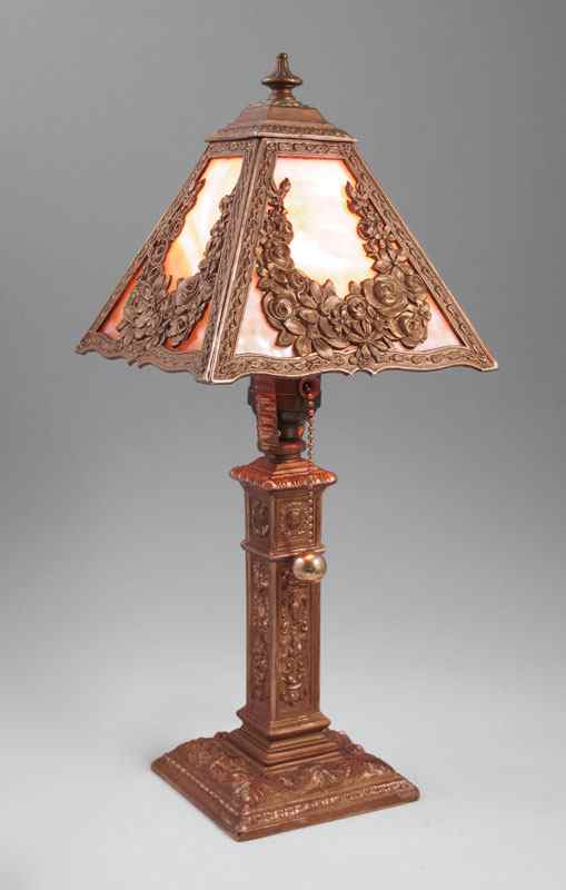 Appraisal: VINTAGE SLAG GLASS BOUDOIR LAMP '' tall panel caramel slag