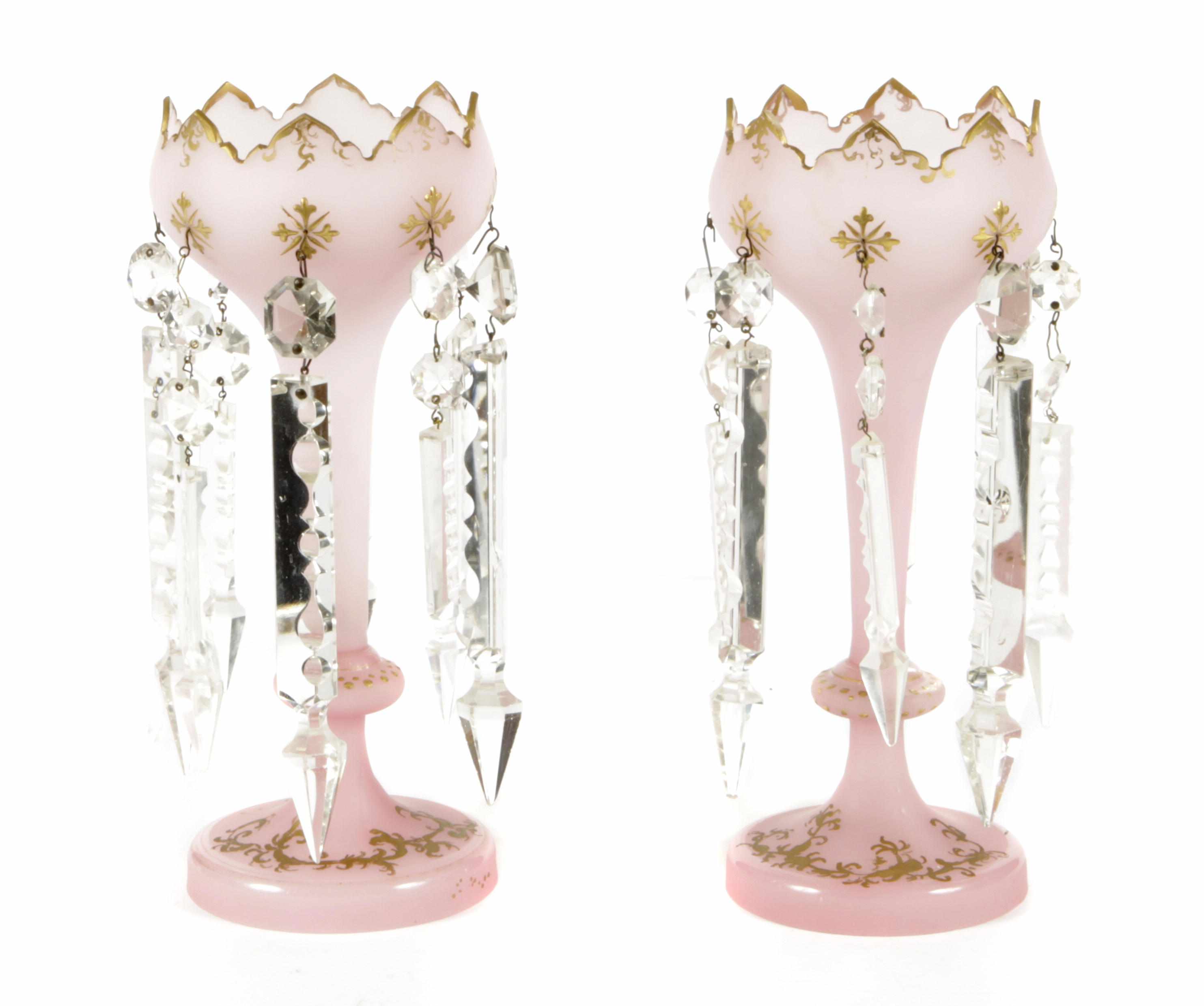 Appraisal: A pair of pink satin glass lusters height in