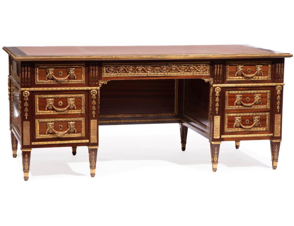 Appraisal: LOUIS XVI-STYLE MAHOGANY WRITING DESKLouis XVI-Style Bronze-Mounted Mahogany Writing Desk