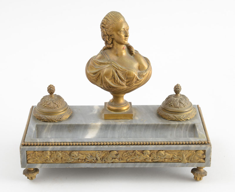 Appraisal: LOUIS XVI STYLE GILT-METAL MOUNTED GREY STE ANNE MARBLE ENCRIER