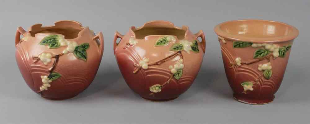 Appraisal: PAIR ROSEVILLE PINK SNOWBERRY PATTERN NOTCHED RIM VASES round with