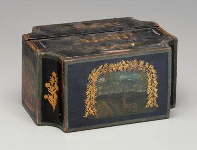 Appraisal: Painted wooden box cartouche shaped with canted corners sliding panel