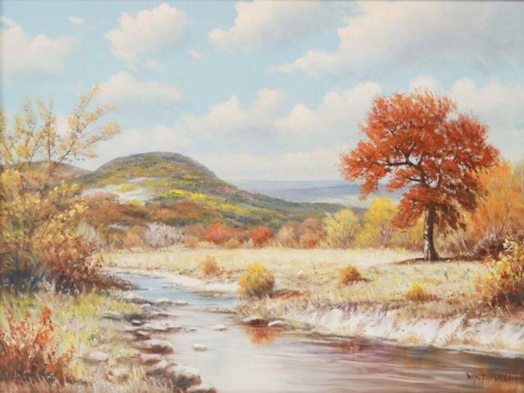 Appraisal: Framed oil on canvas painting Autumn Hill Country Landscape signed