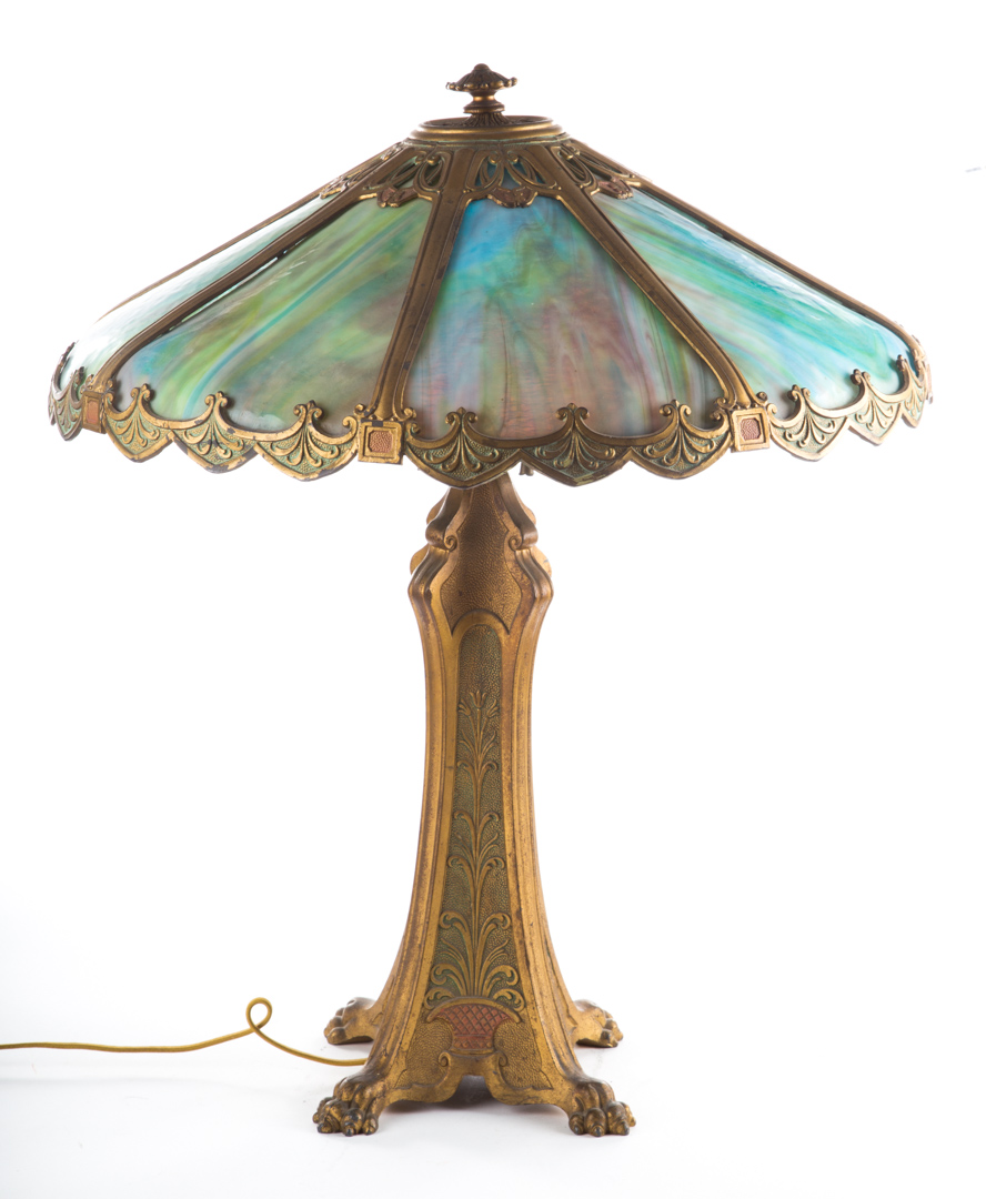 Appraisal: Art Nouveau gilt-metal and slag glass table lamp first quarter-