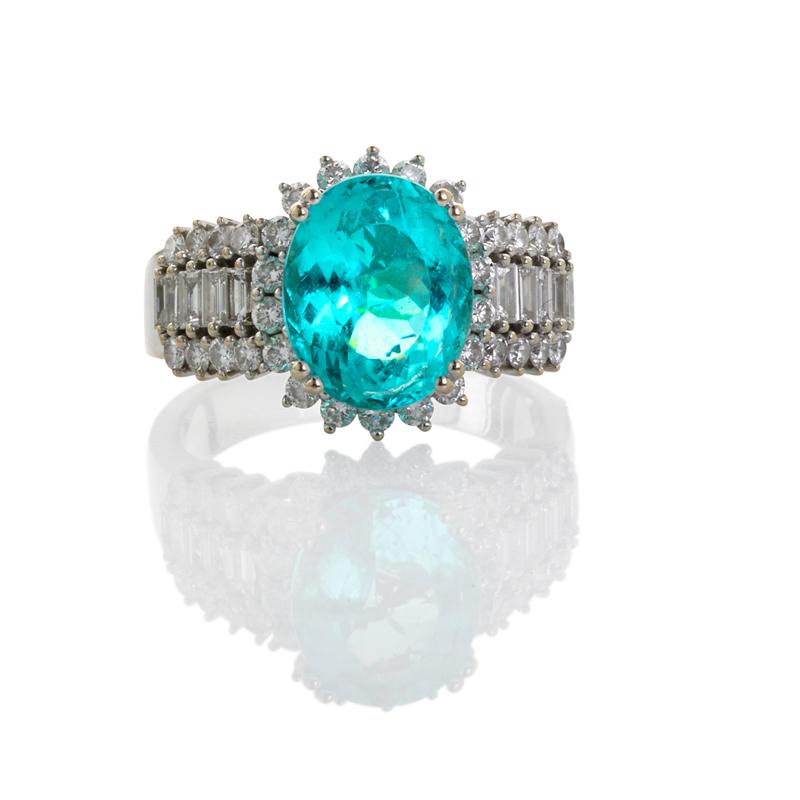 Appraisal: PARAIBA-TYPE TOURMALINE AND DIAMOND K RING Condition Report