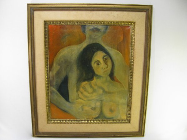 Appraisal: Framed oil on canvas of a nude couple Signed lower