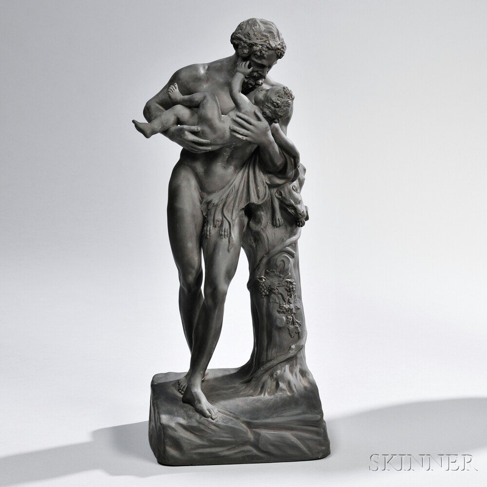 Appraisal: Wedgwood Black Basalt Faun and Bacchus Figural Group England c