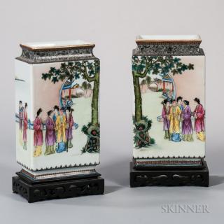 Appraisal: Pair of Enameled Rectangular Vases Pair of Enameled Rectangular Vases