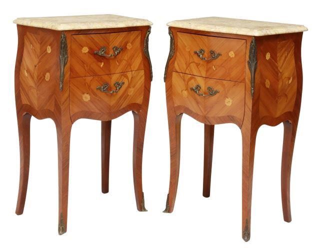 Appraisal: pair French Louis XV style marble-top nightstands th c mahogany