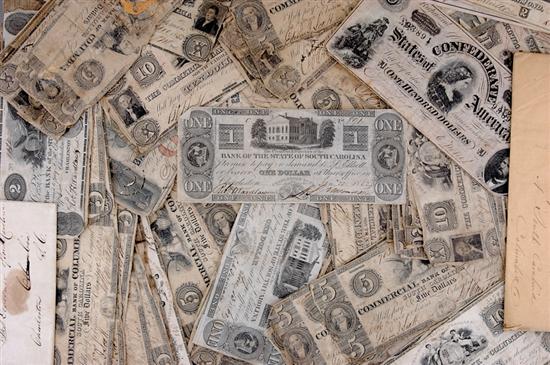 Appraisal: South Carolina documents and currency Confederate bills bills from banks