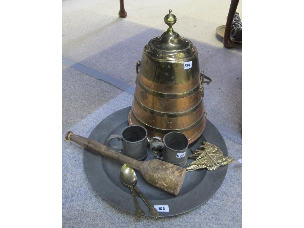 Appraisal: Pewter charger two tankards copper and brass coal bucket etc