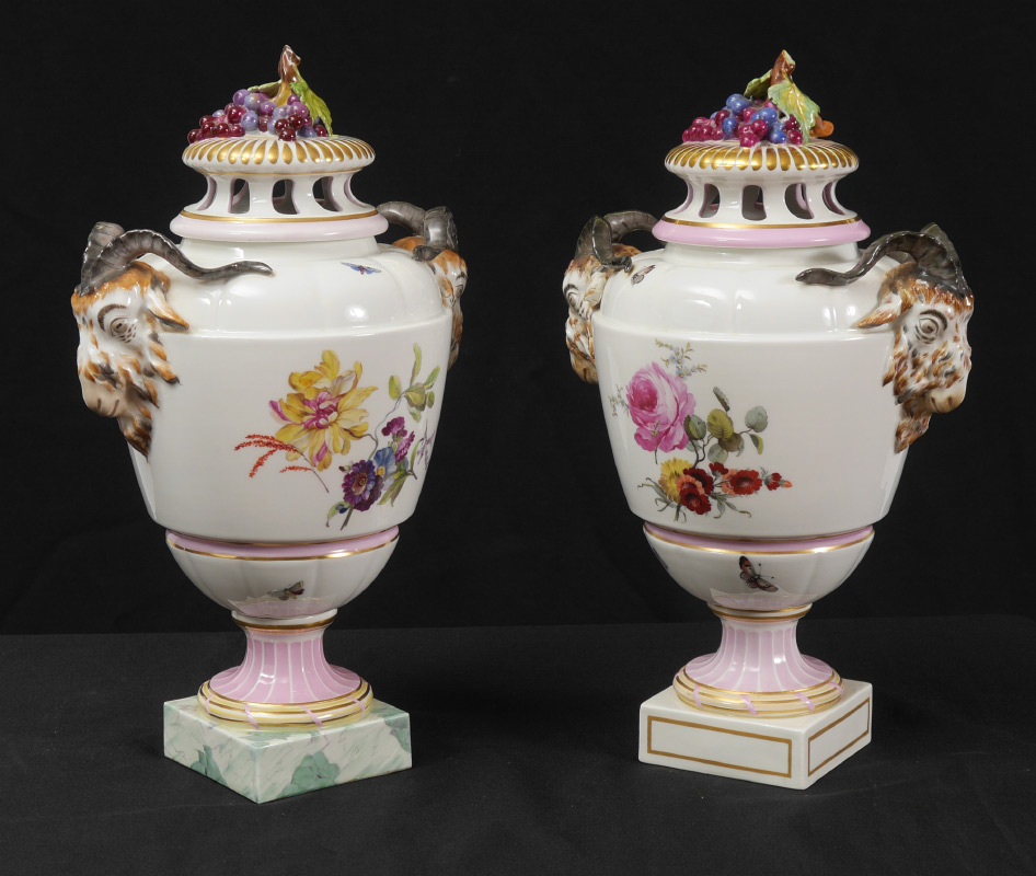 Appraisal: PAIR KPM PORCELAIN RAMS HEAD URNS Similar but not identical