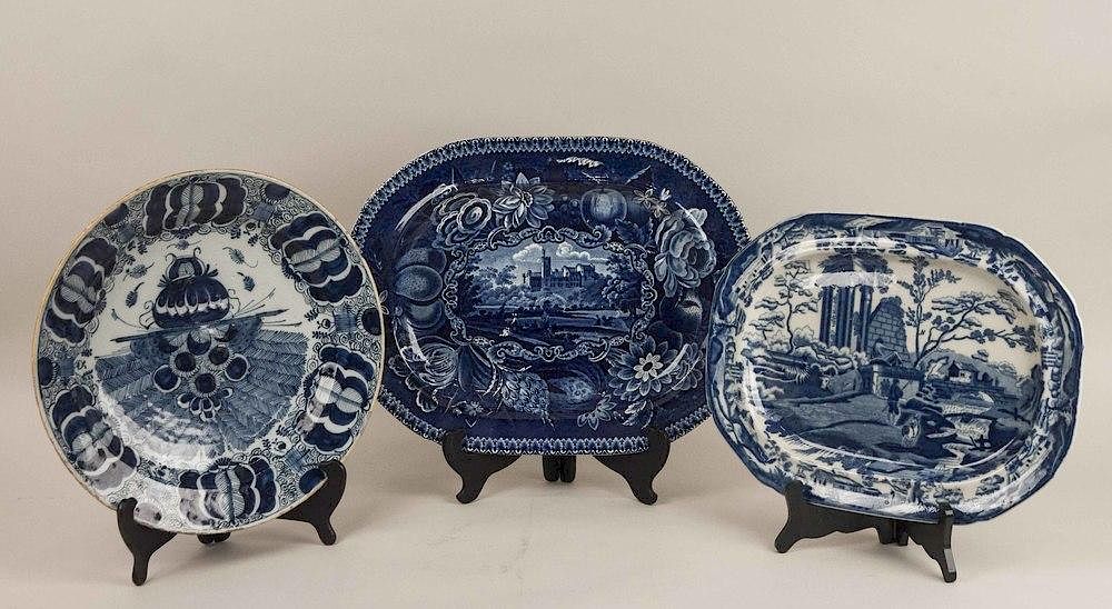 Appraisal: Three Blue and White Ceramic Platters Three blue and white