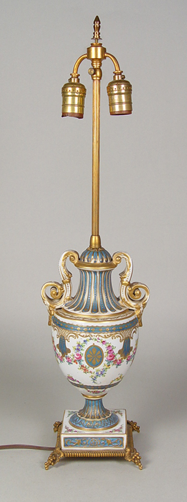 Appraisal: Sevres Style Lamp in Urn Fashion Double swirl handle Hand