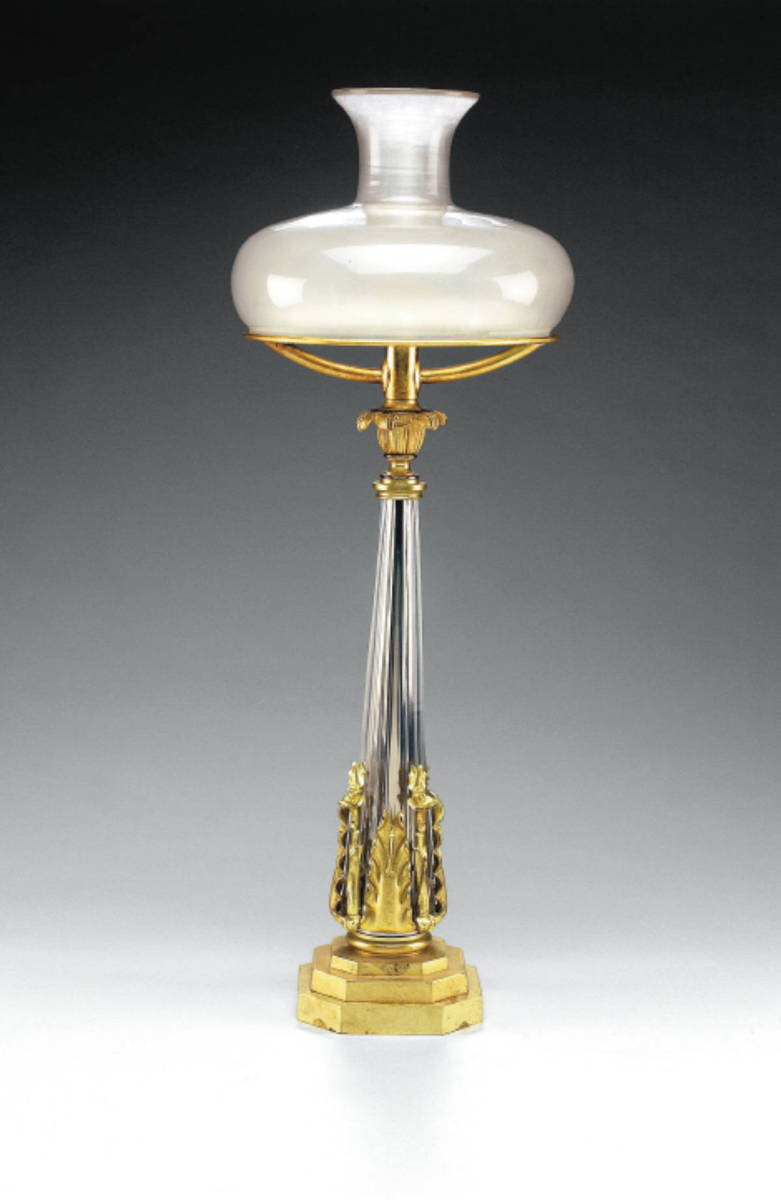 Appraisal: AMERICAN CUT GLASS AND GILT-BRONZE SINUMBRA LAMP The paneled flared