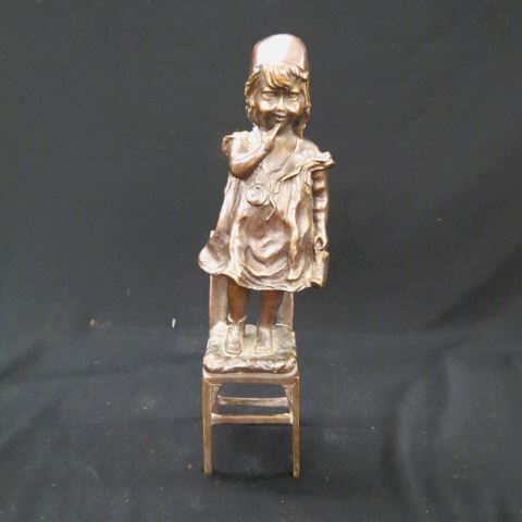 Appraisal: Bronze Statue of Young Girl Standing on a Chair signed