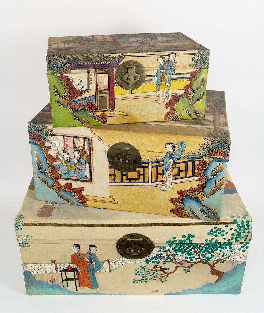 Appraisal: Nesting Painted Papier-Mache Trunks Chinese th Century Each decorated with