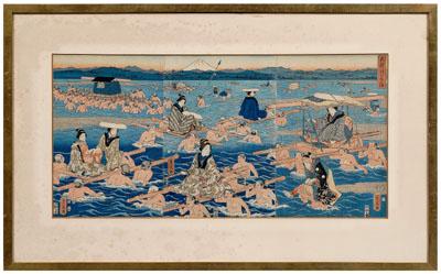 Appraisal: Japanese woodblock triptych Hiroshige Utagawa II - ladies being ferried