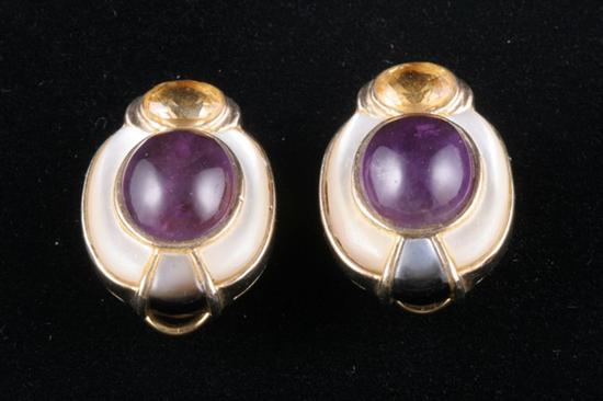 Appraisal: PAIR YELLOW GOLD FACETED OVAL CITRINE AMETHYST CABOCHON AND MOTHER-OF-PEARL