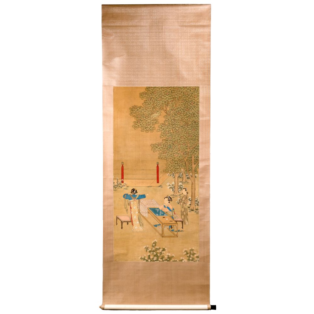 Appraisal: CHINESE SCROLLColored ink and gouache on silk depicting figures in