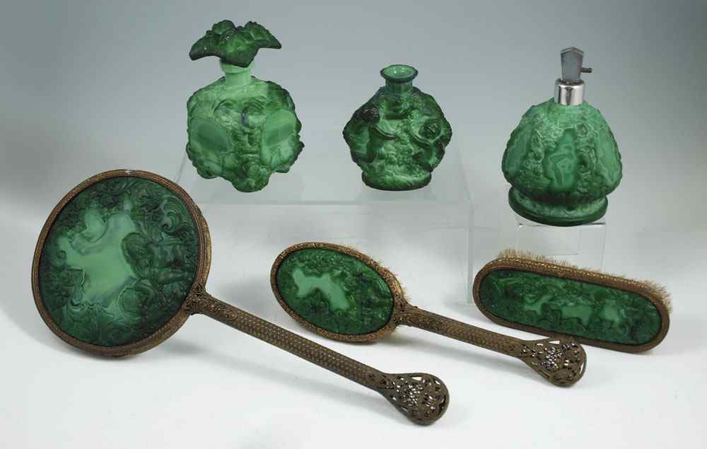 Appraisal: VINTAGE CZECHOSLOVAKIAN MALACHITE GLASS DRESSER SET piece set to include